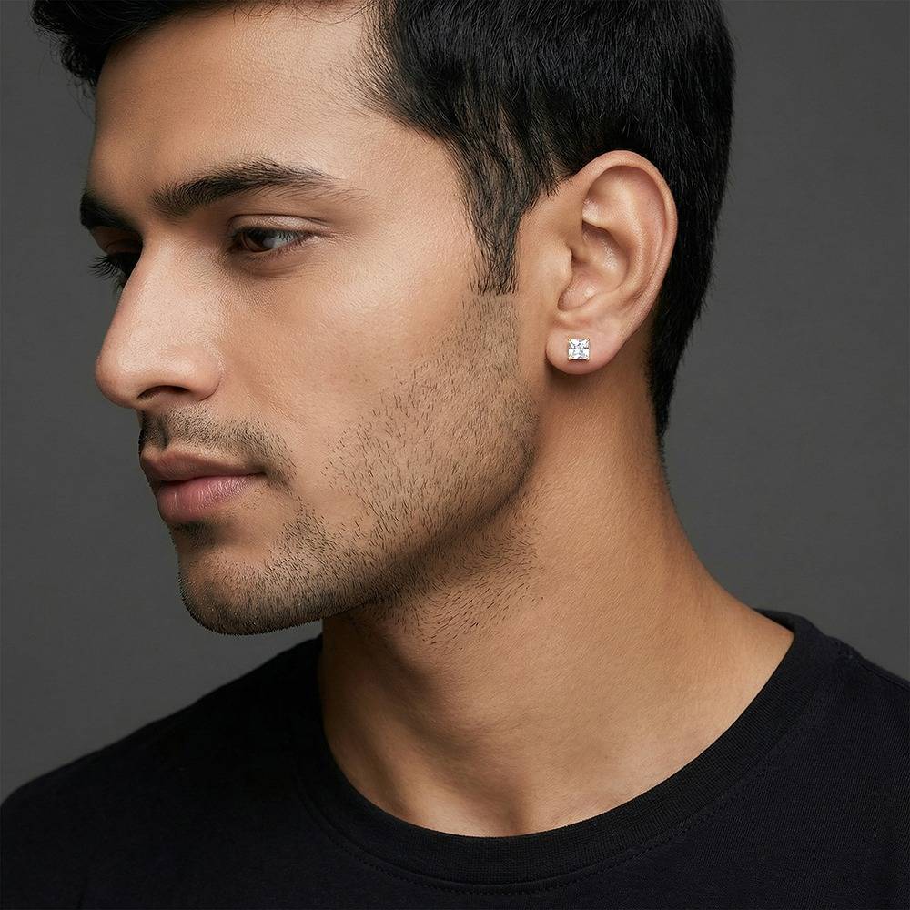 925 Silver Golden Classy Zirconia Stud For Him|Studs To Gift Men & Boys|With Certificate Of Authenticity And 925 Sta : MER0114