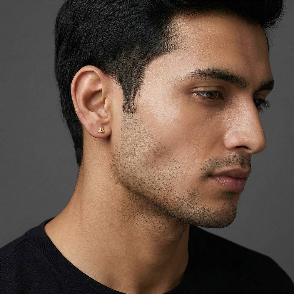925 Silver Golden Echo Triangle Stud For Him|Studs To Gift Men & Boys|With Certificate Of Authenticity And 925 Stamp : MER0125