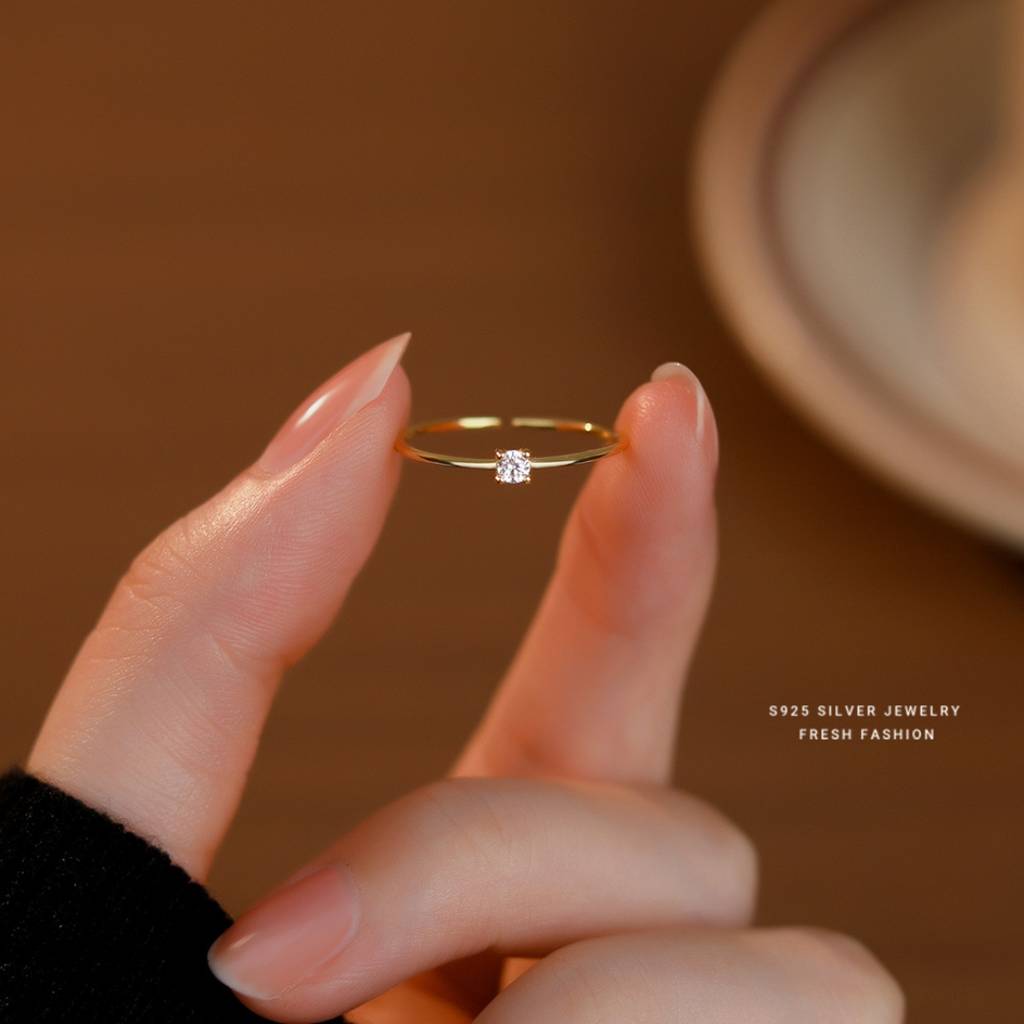 925 Sterling Silver Gold Plated Dainty Solitaire Ring I Adjustable Silver Rings For Women & Girls : BRDK1478