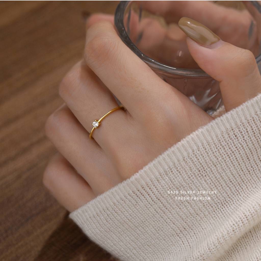 925 Sterling Silver Gold Plated Dainty Solitaire Ring I Adjustable Silver Rings For Women & Girls : BRDK1478