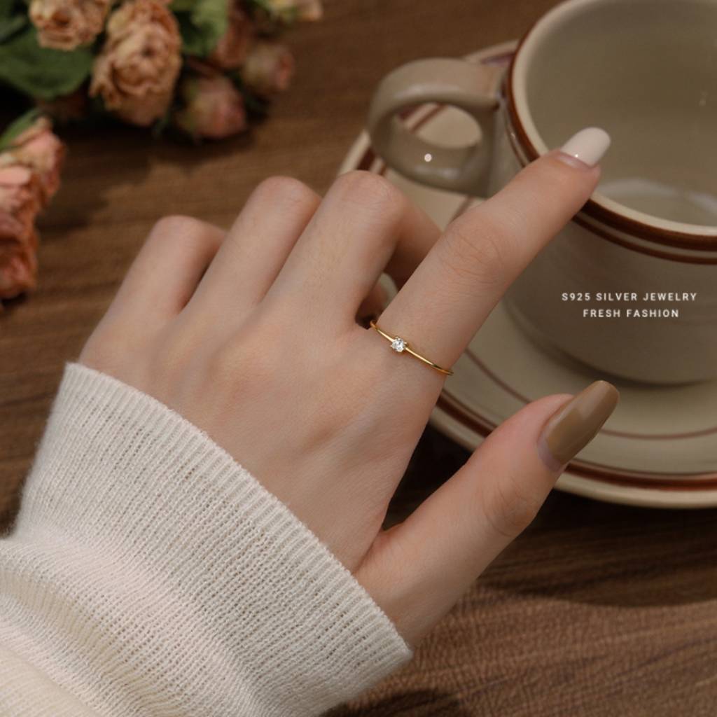 925 Sterling Silver Gold Plated Dainty Solitaire Ring I Adjustable Silver Rings For Women & Girls : BRDK1478