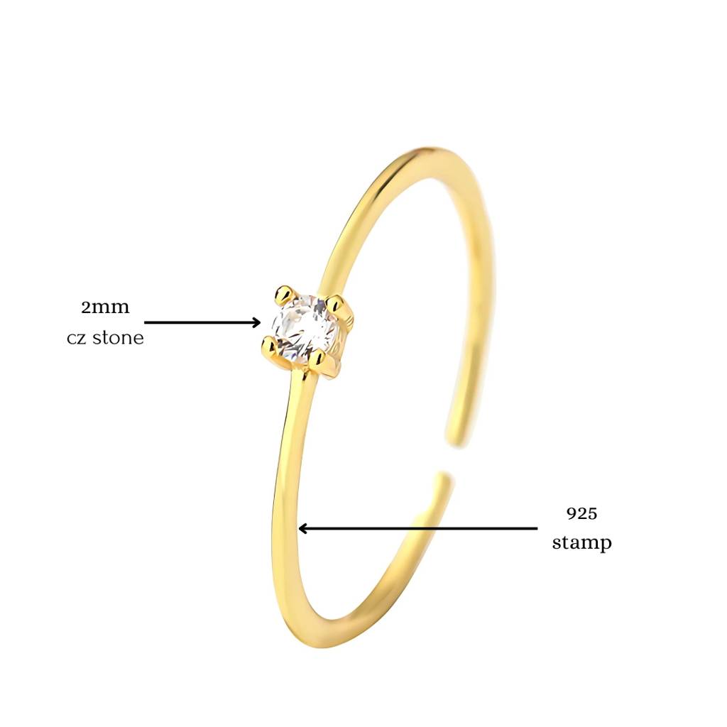 925 Sterling Silver Gold Plated Dainty Solitaire Ring I Adjustable Silver Rings For Women & Girls : BRDK1478