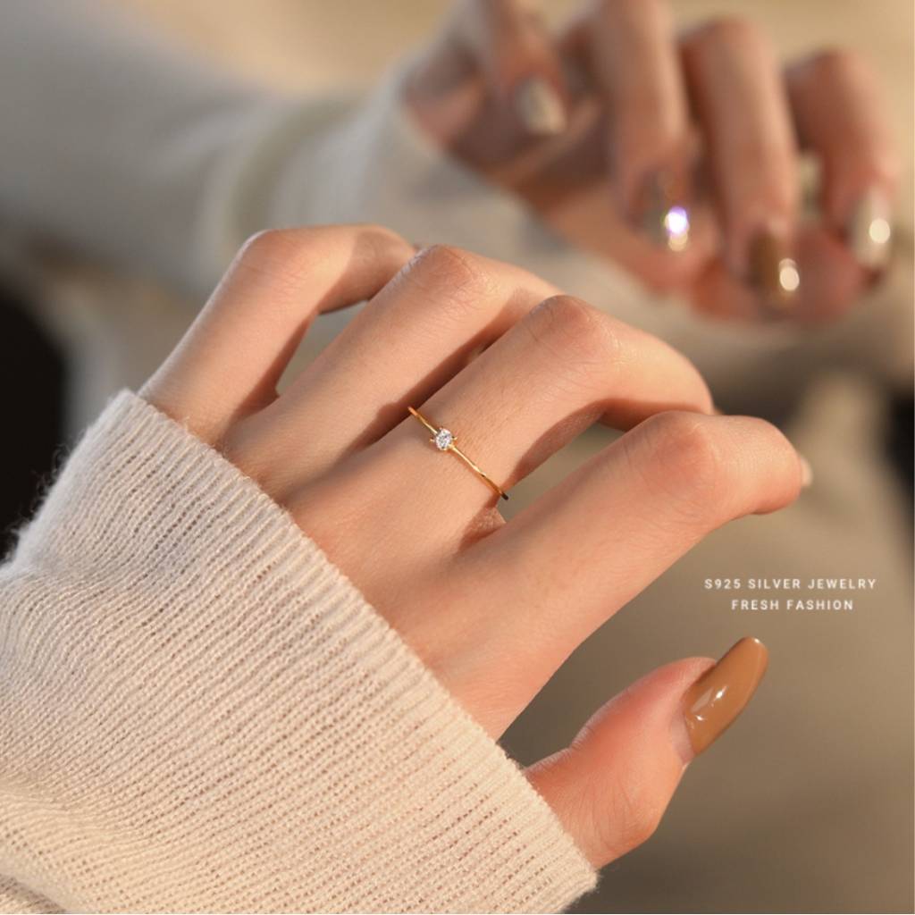 925 Sterling Silver Gold Plated Dainty Solitaire Ring I Adjustable Silver Rings For Women & Girls : BRDK1478