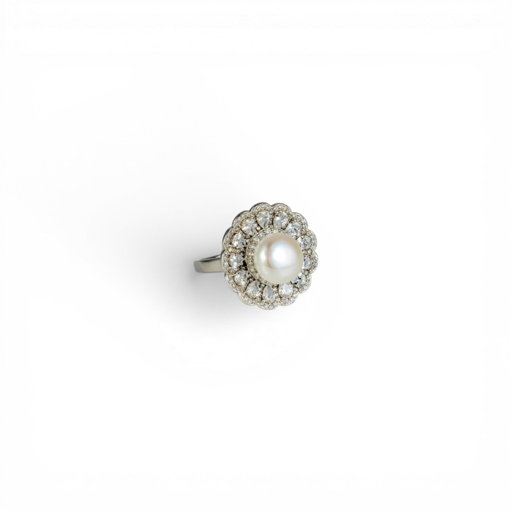 Pearl & Zircon Scalloped Floral Ring : SKU-P-RG106