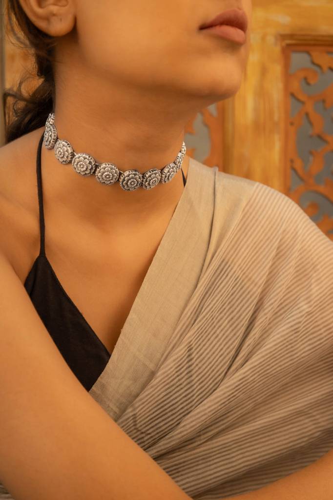 925 Sterling Silver Mizoya Embossed Flower Sadabahaar Choker  Sterling Silver Silver