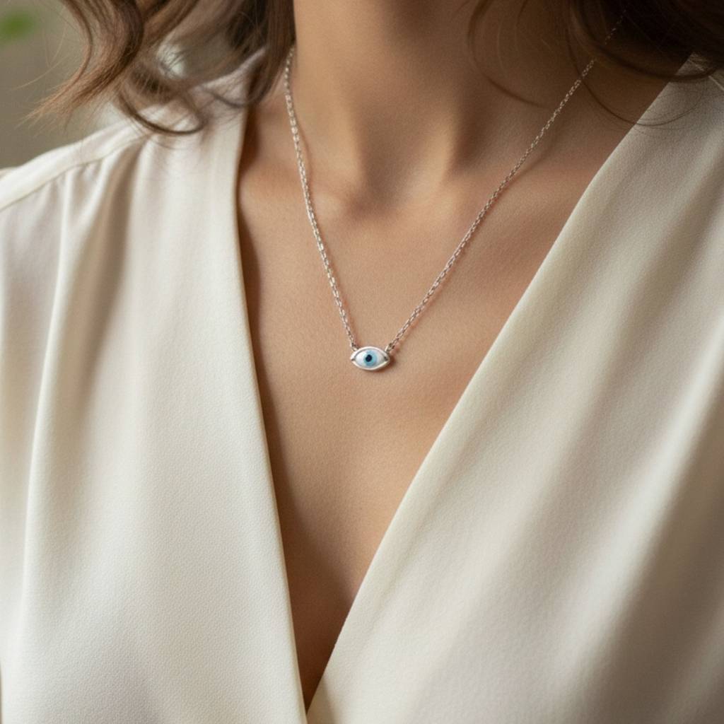 925 Silver Light Blue Evil Eye Pendant Necklace With Spiritual Protective Charm : MNM108
