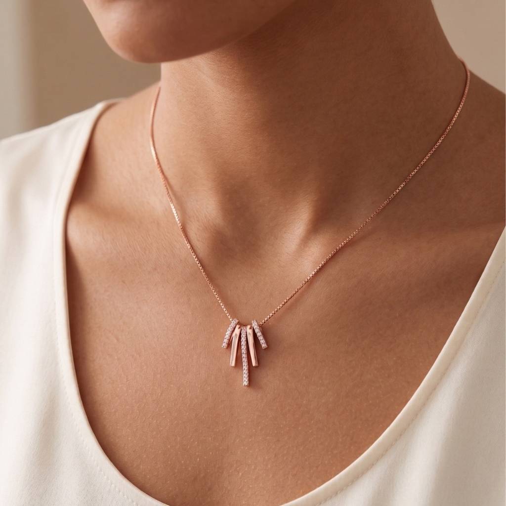 925 Silver Bar Charms Necklace Rose Gold Finish With Sparkling Cz Diamonds : MNM111