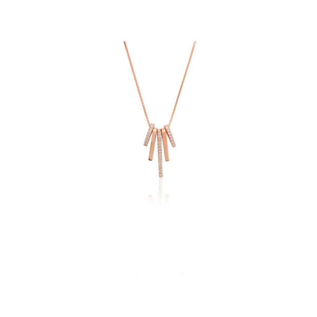 925 Silver Bar Charms Necklace Rose Gold Finish With Sparkling Cz Diamonds : MNM111