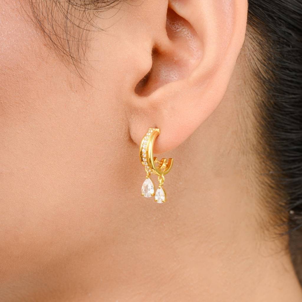 Yellow Gold Plated C Hoop Earrings In 925 Silver With Cz Diamonds Charms : MNM161