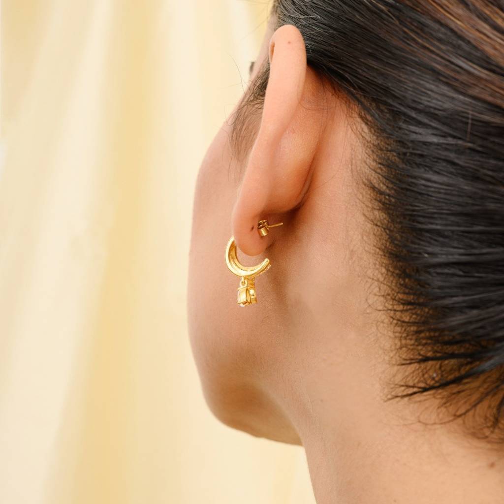 Yellow Gold Plated C Hoop Earrings In 925 Silver With Cz Diamonds Charms : MNM161