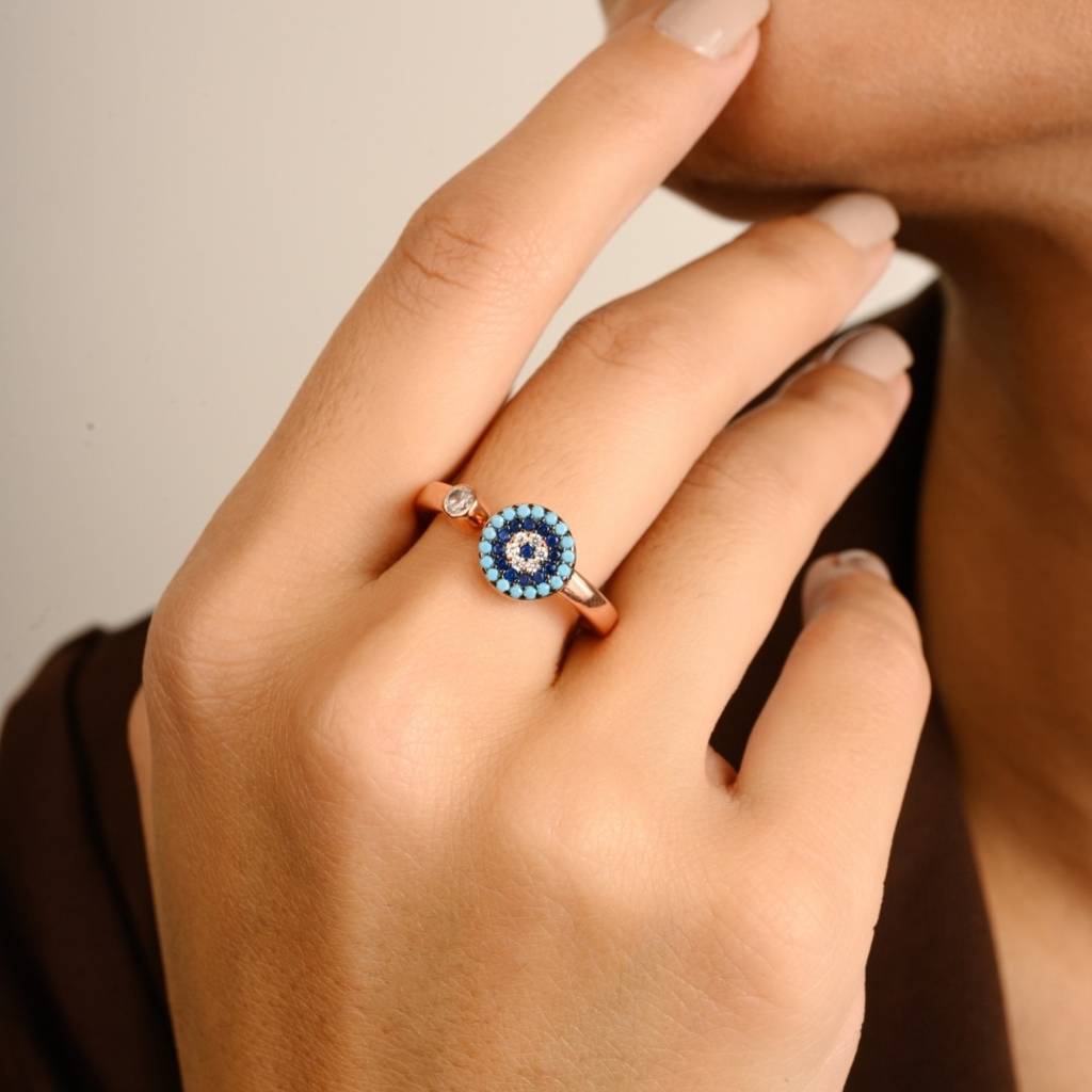 Evil Eye Open Adjustable Ring With Multicolor Cz Diamonds Accents - Spiritual Protection Silver Jewelry : MNM20