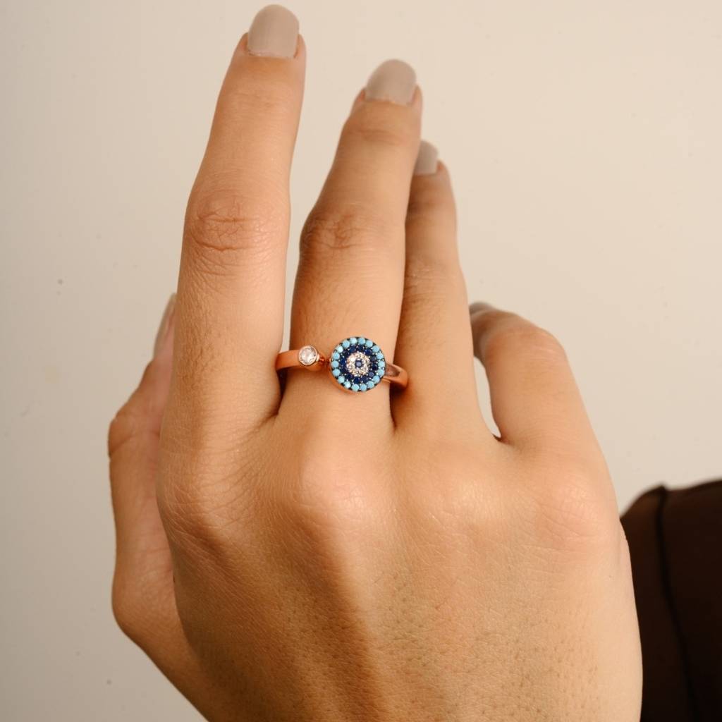 Evil Eye Open Adjustable Ring With Multicolor Cz Diamonds Accents - Spiritual Protection Silver Jewelry : MNM20
