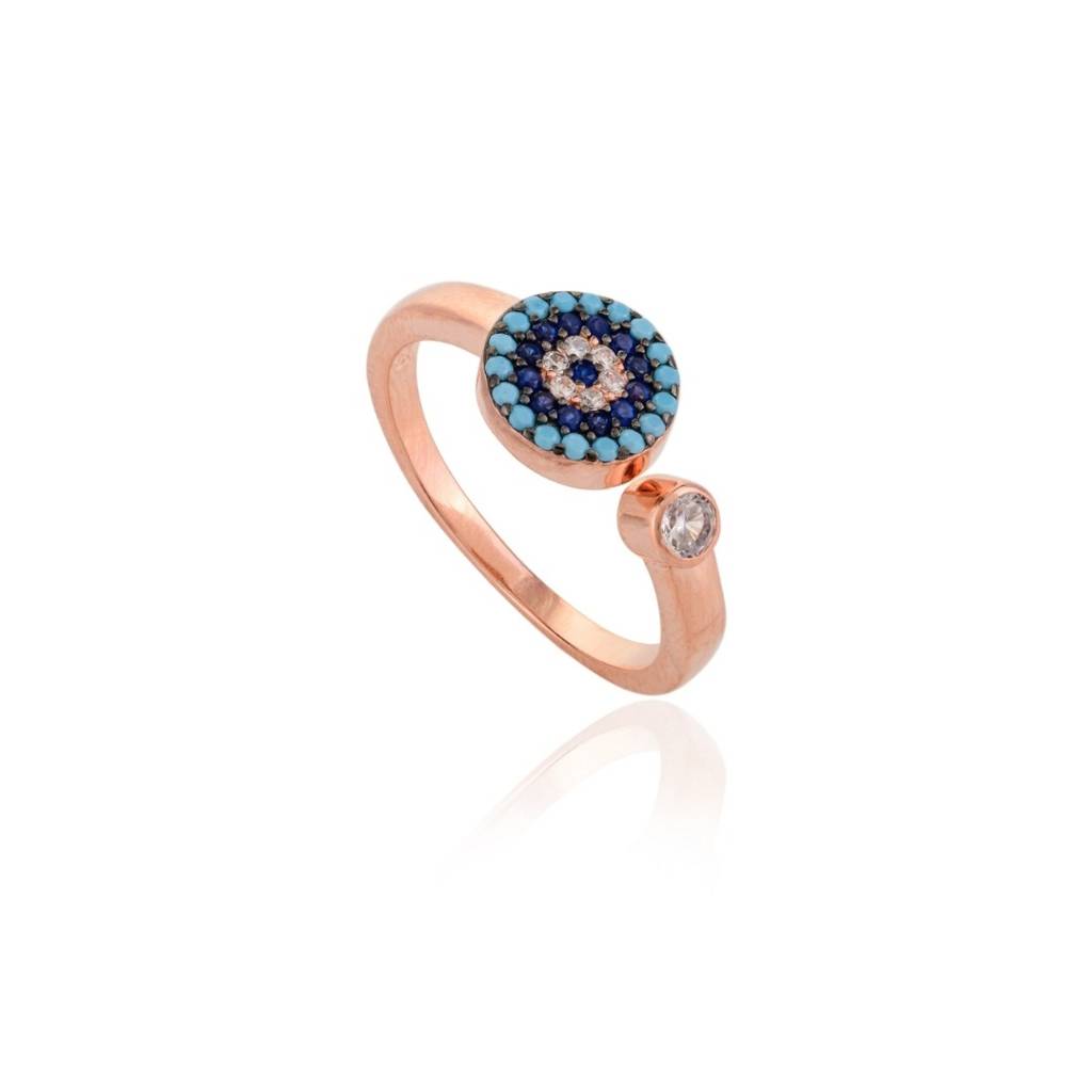 Evil Eye Open Adjustable Ring With Multicolor Cz Diamonds Accents - Spiritual Protection Silver Jewelry : MNM20