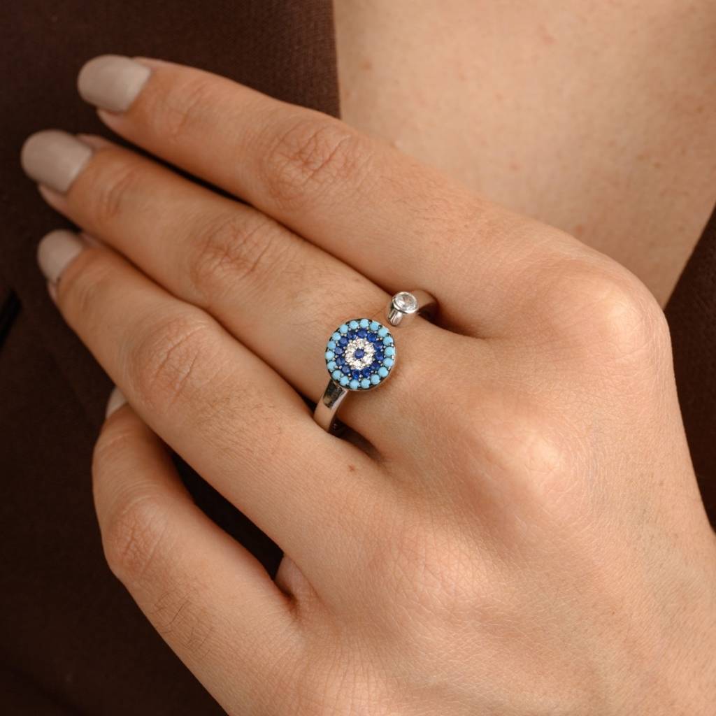 Evil Eye Open Adjustable Ring With Multicolor Cz Diamonds Accents - Spiritual Protection Silver Jewelry : MNM21
