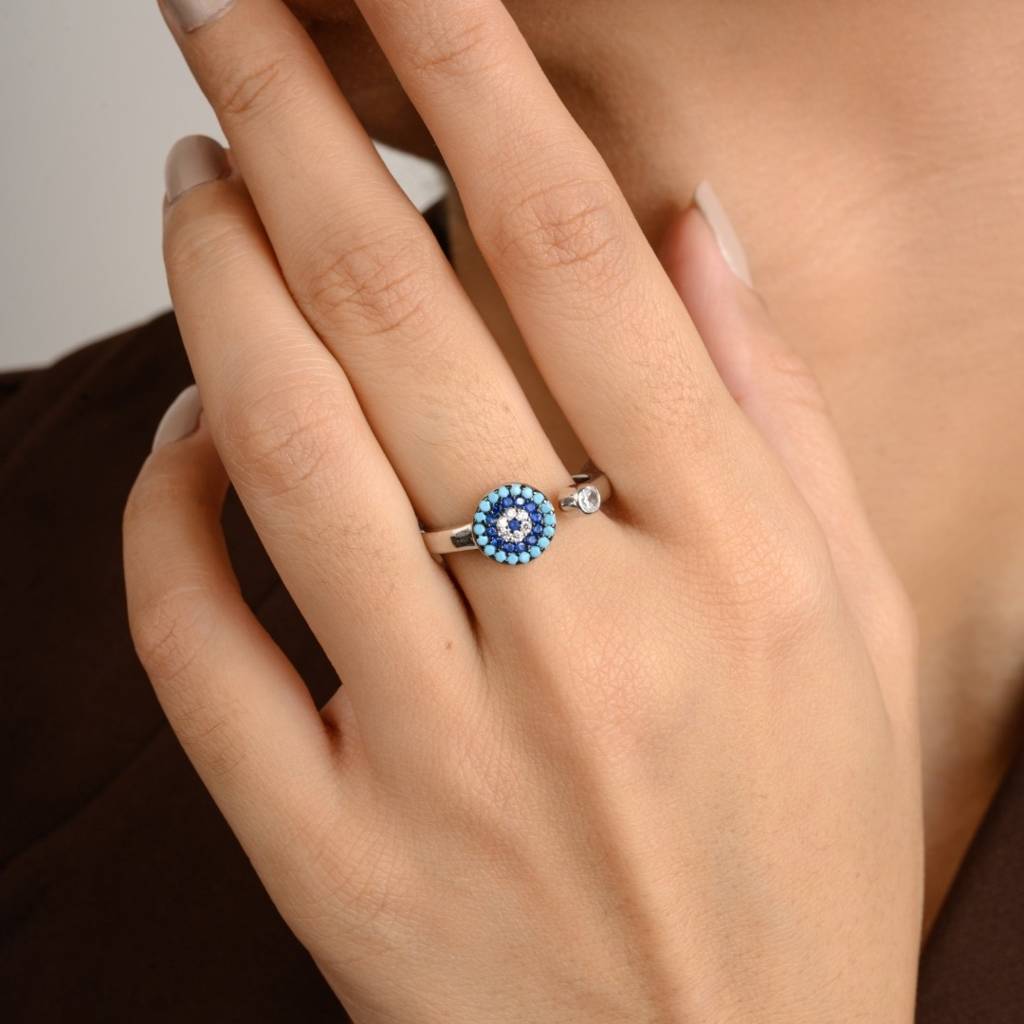 Evil Eye Open Adjustable Ring With Multicolor Cz Diamonds Accents - Spiritual Protection Silver Jewelry : MNM21