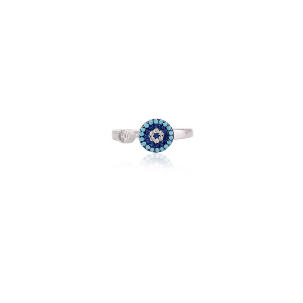 Evil Eye Open Adjustable Ring With Multicolor Cz Diamonds Accents - Spiritual Protection Silver Jewelry : MNM21