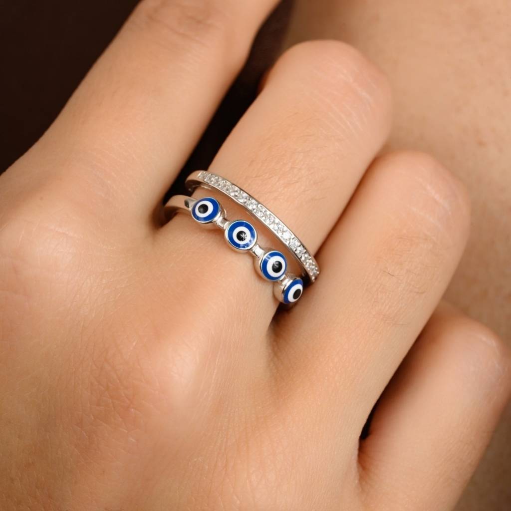 Evil Eye Adjustable Ring In 925 Silver - Spiritual Protection Daily Wear Jewelry For Women : MNM32
