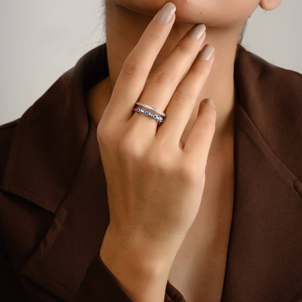 Evil Eye Adjustable Ring In 925 Silver - Spiritual Protection Daily Wear Jewelry For Women : MNM32