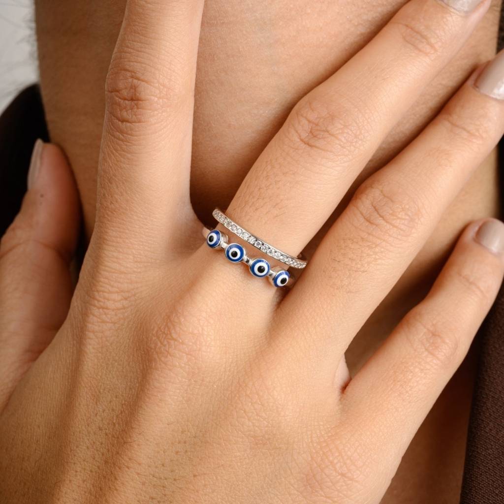 Evil Eye Adjustable Ring In 925 Silver - Spiritual Protection Daily Wear Jewelry For Women : MNM32