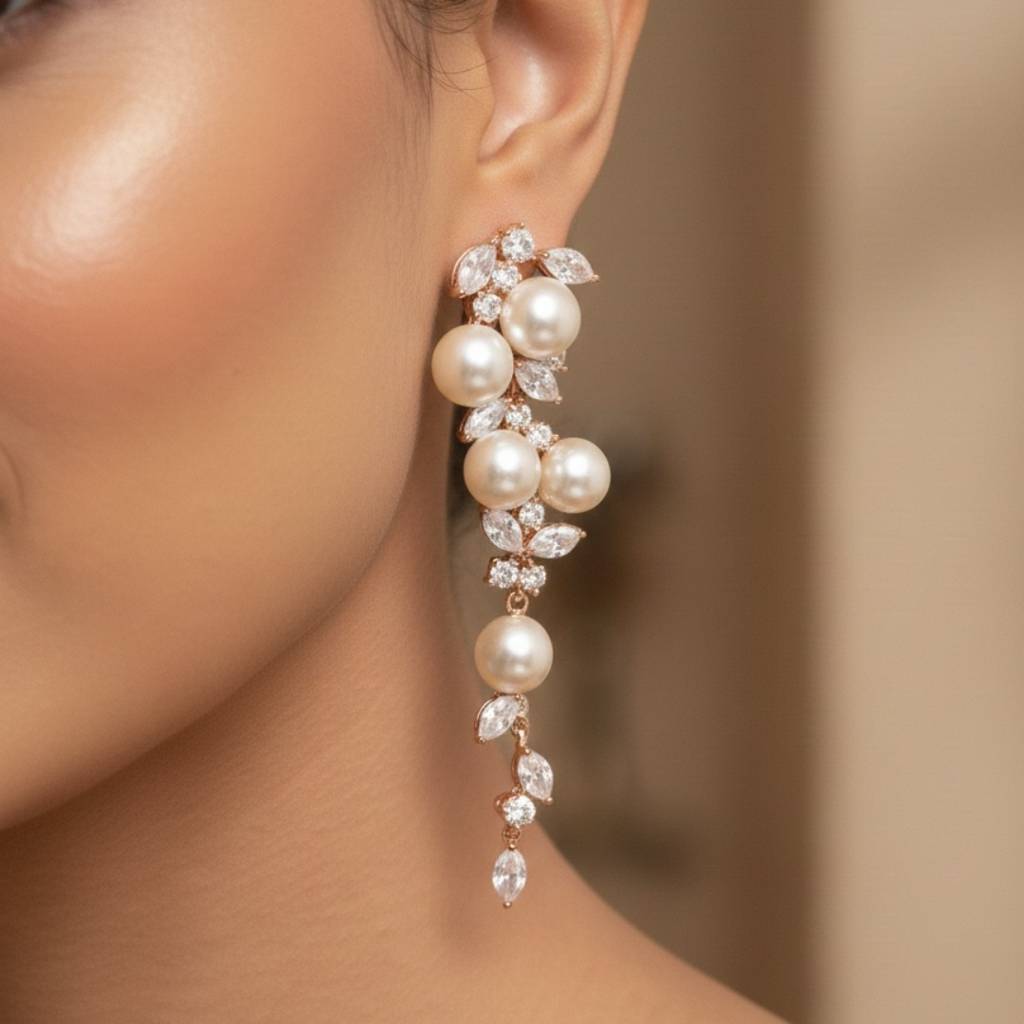 925 Silver Cz Diamonds Pearl Drop Brides Earrings For Wedding Jewelry Gift : MNM40