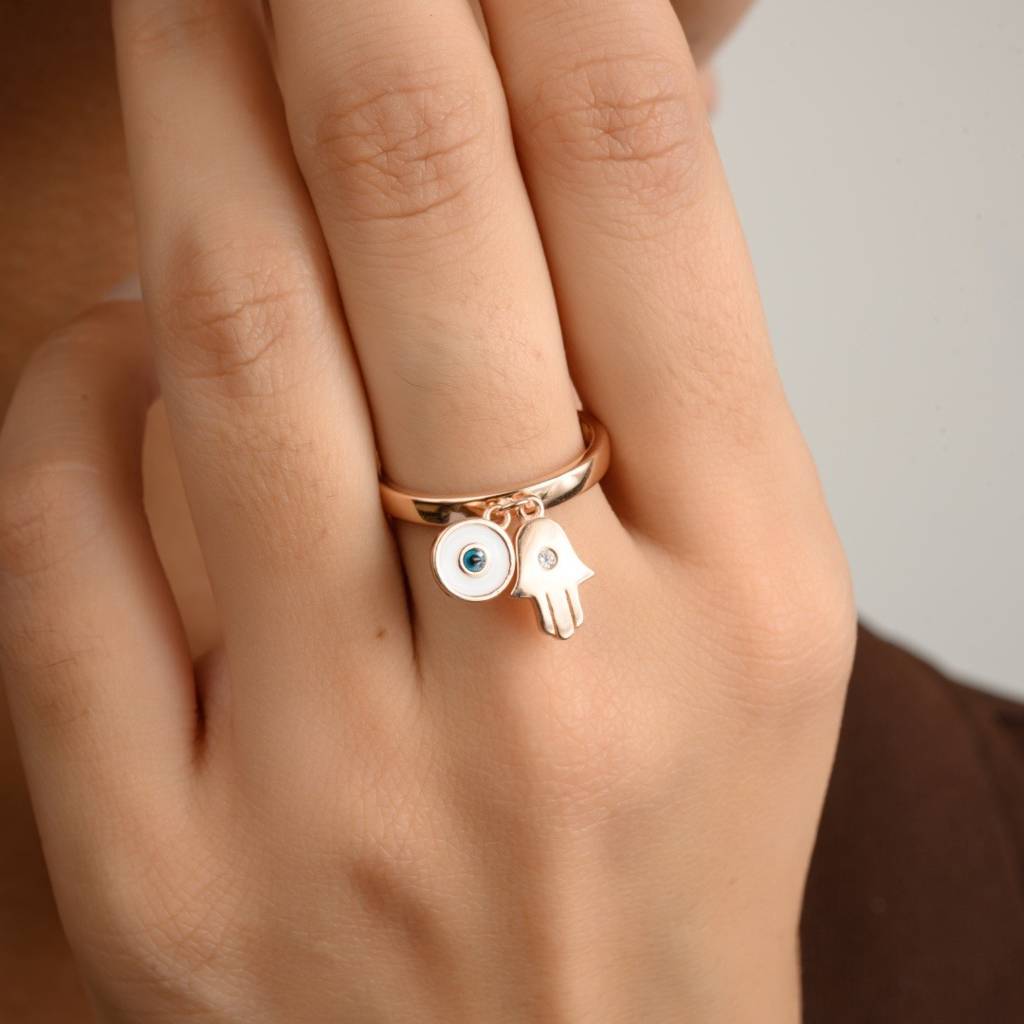 Evil Eye Hamsa Charm Silver Ring - Daily Wear Spiritual Protective Jewelry : MNM72