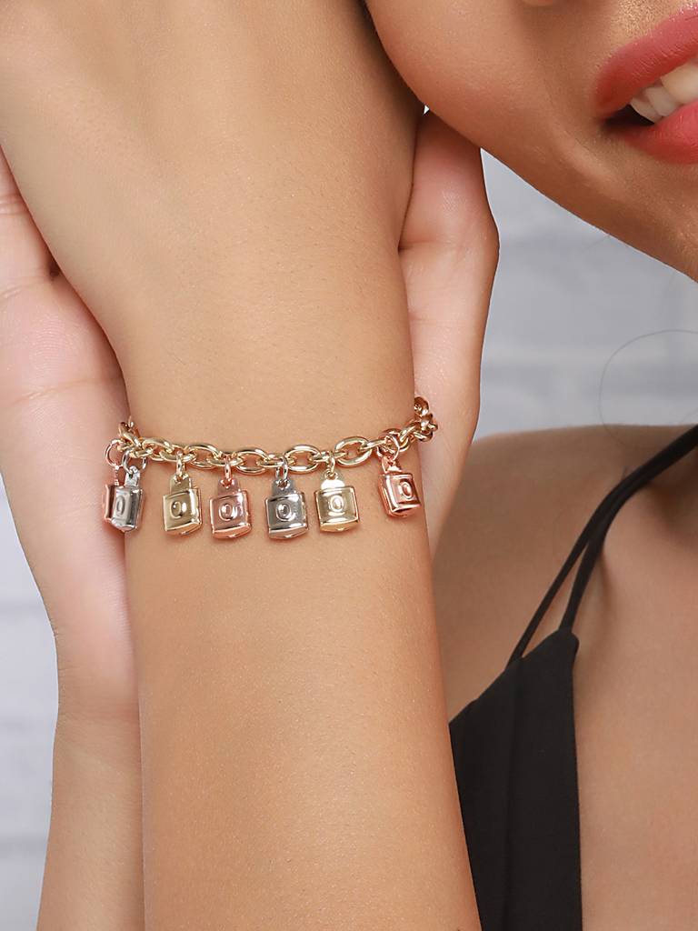 Anti-Tarnishgold Plated Engraved Lock Charms Allover Wraparound Bracelet : STBR8108
