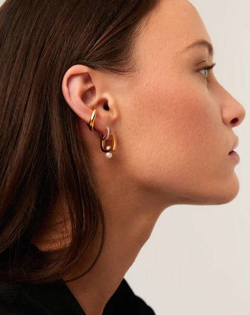 Button Pearl Square Hoop Earrings : ER-SQR24-YG-WHT