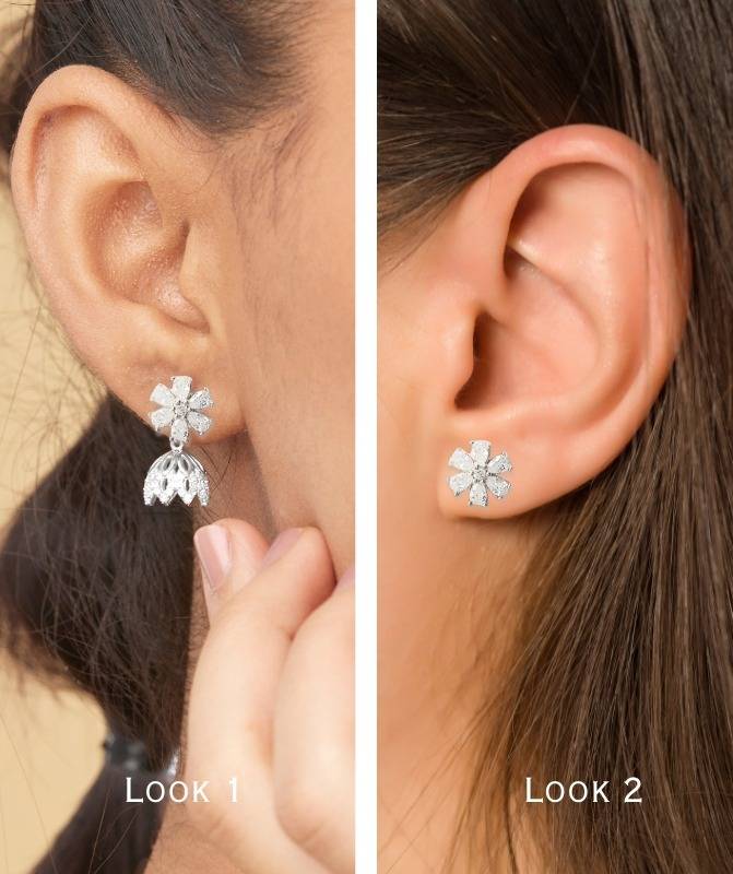 2 In 1 Pure Silver Chloe Detachable Jhumki Earring In Silver Rhodium : EC010