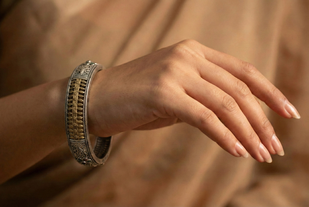 Oxidised Silver And Gold Tone Dual-Tone Kada (Pack Of 2) Elegant Traditional Bangle Set For Women : IC-DTKADA