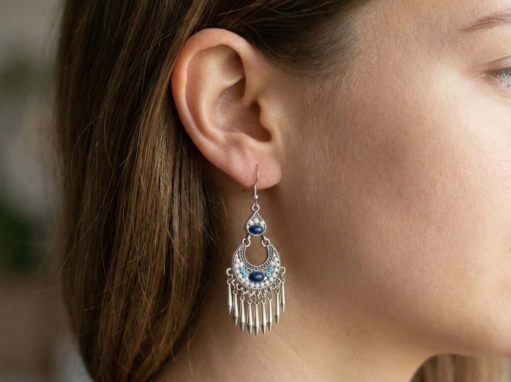 Silver Plated Bohemian Crescent Chandbali Earrings With Blue Stone Accents Tribal Style Statement Earrings For Women : IC-CBALI