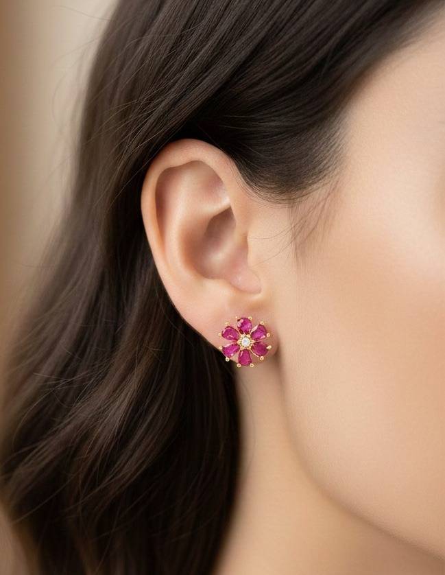 925 Pure Silver Flower Stud With Red Pear Cz Stones  In Gold : PERIWINKLEGRED-003