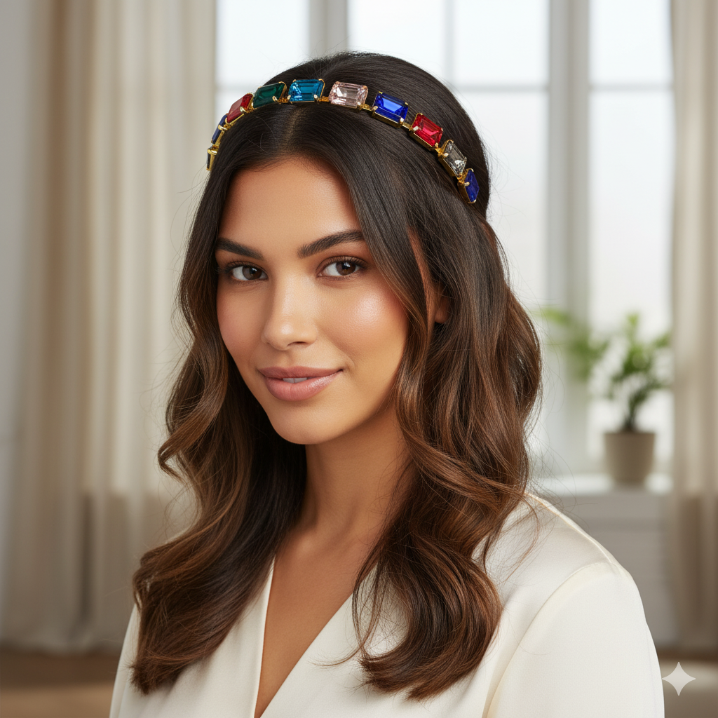 Gold Plated Multicolor Crystal Hairband For Women | Elegant Stone Studded Wedding Party Headband For Girls : M4SK-M1
