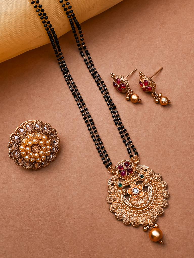 Luxurious Rajwadi Gold Plated Mangalsutra Set With Adjustable Polki Ring -Msrc03 : MSRC03