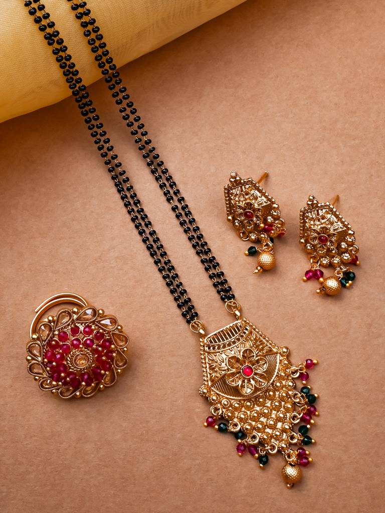 Luxurious Rajwadi Gold Plated Mangalsutra Set With Adjustable Polki Ring -Msrc04 : MSRC04
