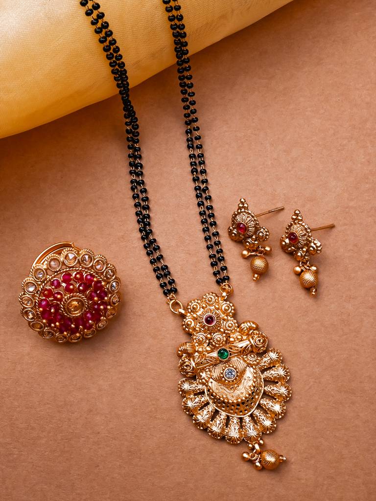Luxurious Rajwadi Gold Plated Mangalsutra Set With Adjustable Polki Ring -Msrc05 : MSRC05