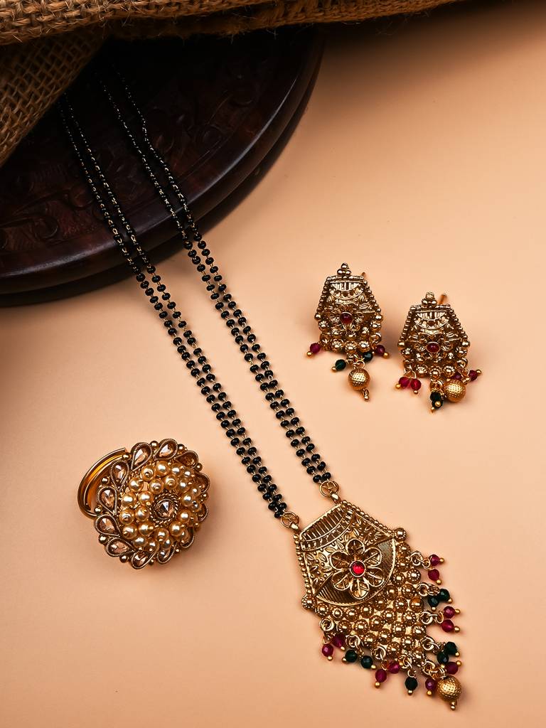 Luxurious Rajwadi Gold Plated Mangalsutra Set With Adjustable Polki Ring -Msrc06 : MSRC06