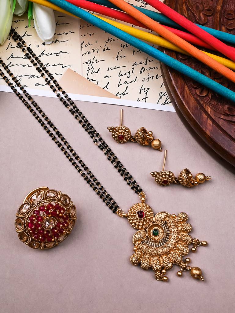 Luxurious Rajwadi Gold Plated Mangalsutra Set With Adjustable Polki Ring -Msrc09 : MSRC09