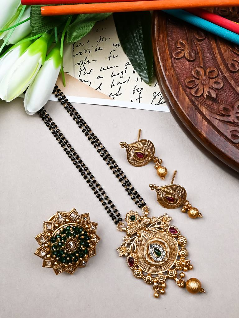 Luxurious Rajwadi Gold Plated Mangalsutra Set With Adjustable Polki Ring -Msrc10 : MSRC10