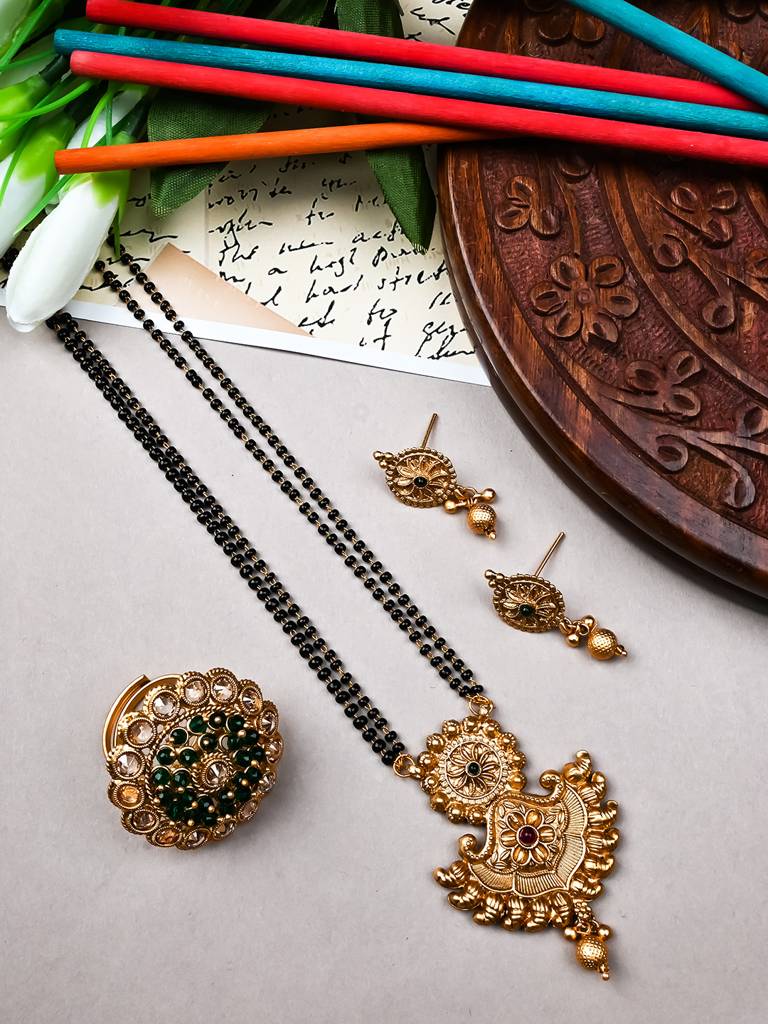 Luxurious Rajwadi Gold Plated Mangalsutra Set With Adjustable Polki Ring -Msrc11 : MSRC11