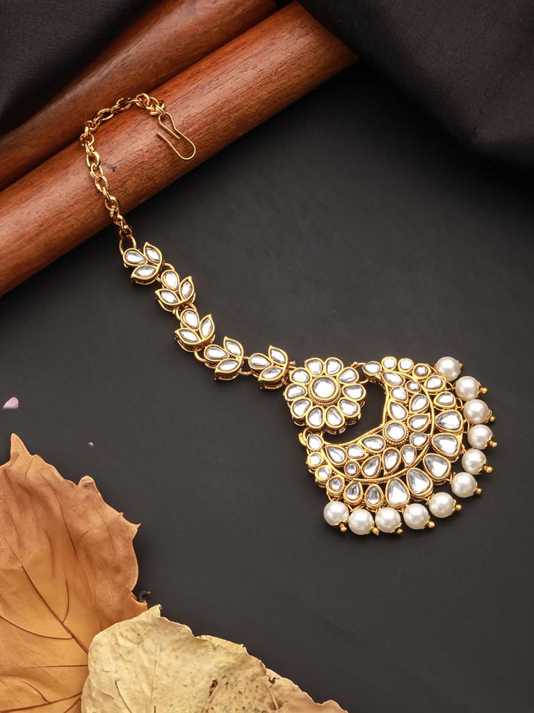 Women Gold-Plated Kundan Studded Maang Tikka Head Jewellery : MTK-JS24-11077
