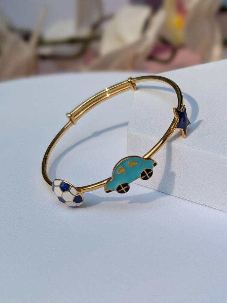 925 Silver Hypoallergenic,18Kt Gold Plated, Football & Car Bangle For Baby : F1005-6CarStarBangle