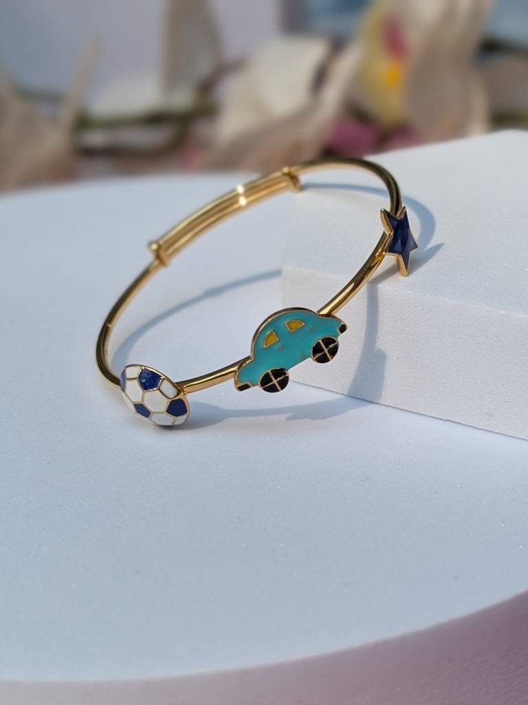 925 Silver Hypoallergenic,18Kt Gold Plated, Football & Car Bangle For Baby : F1005-6CarStarBangle