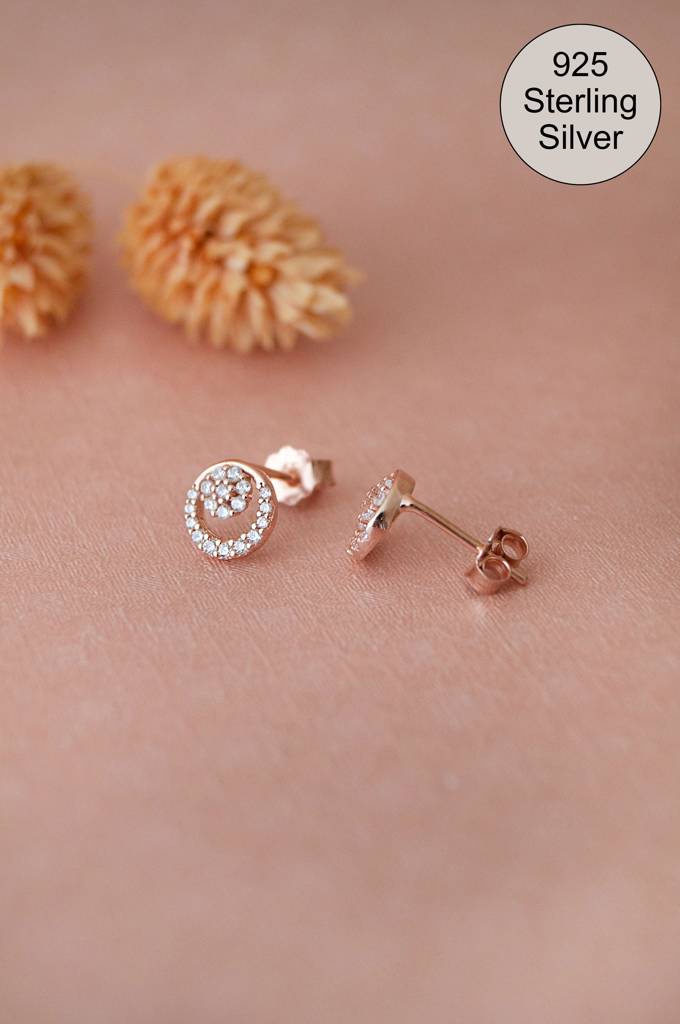 Mannash Blinging Circle Cluster Halo Rose Gold Plated Sterling Silver Stud Earrings : MZRES943D2363