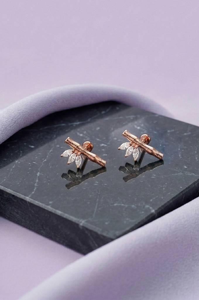 Pretty Twig Rose Gold Plated Sterling Silver Second Stud Earrings : MZRET979D2418
