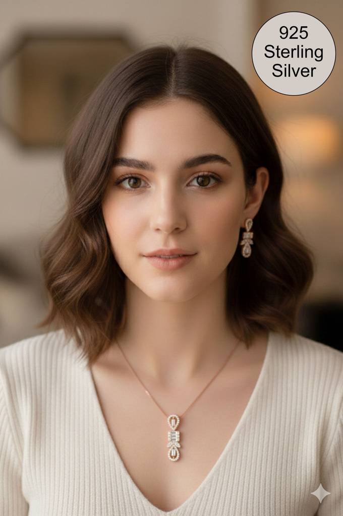 Deco Bling Rose Gold Plated Sterling Silver Pendant Set With Chain : MZRJPSC945D2369