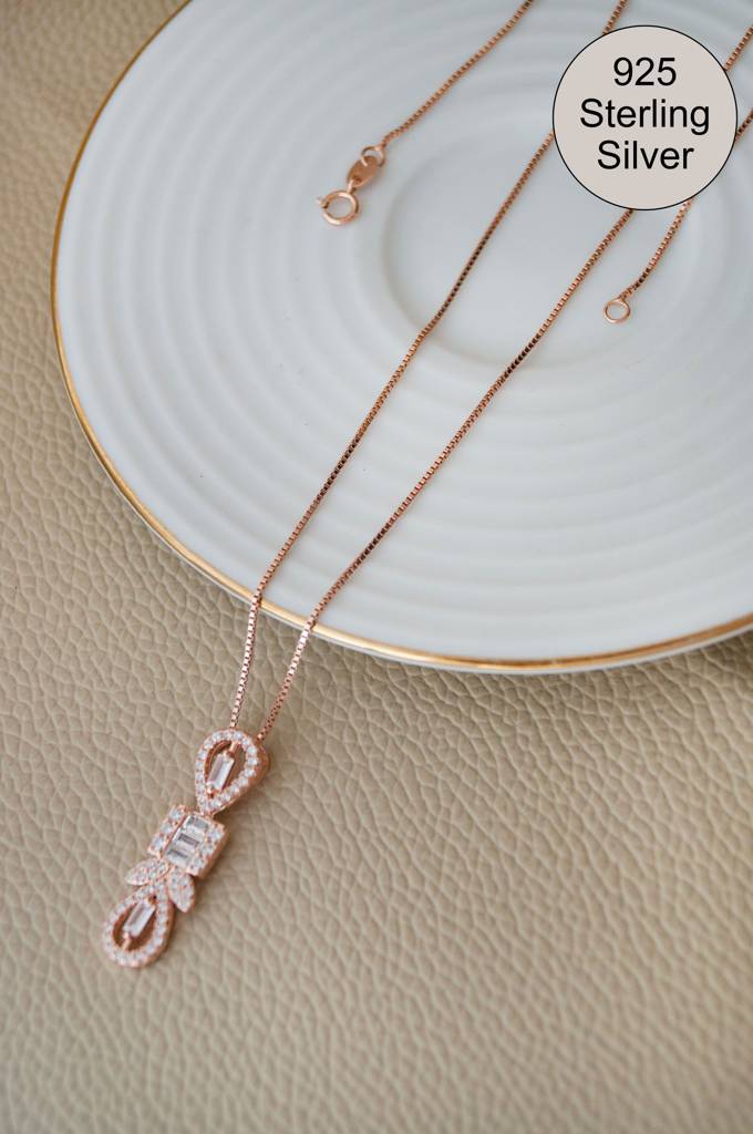 Deco Bling Rose Gold Plated Sterling Silver Pendant Set With Chain : MZRJPSC945D2369