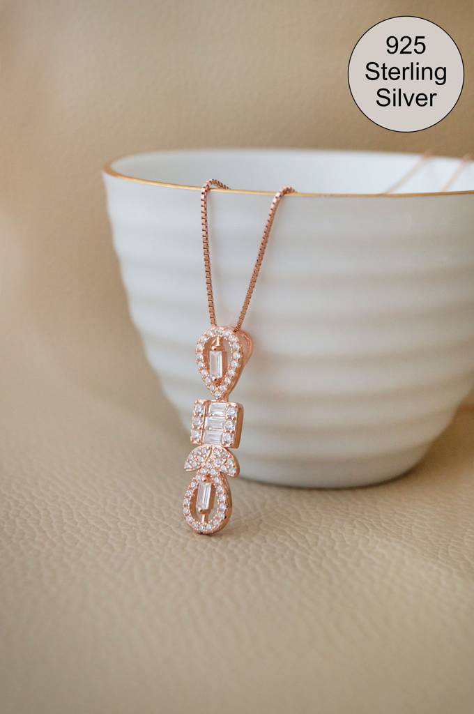 Deco Bling Rose Gold Plated Sterling Silver Pendant Set With Chain : MZRJPSC945D2369