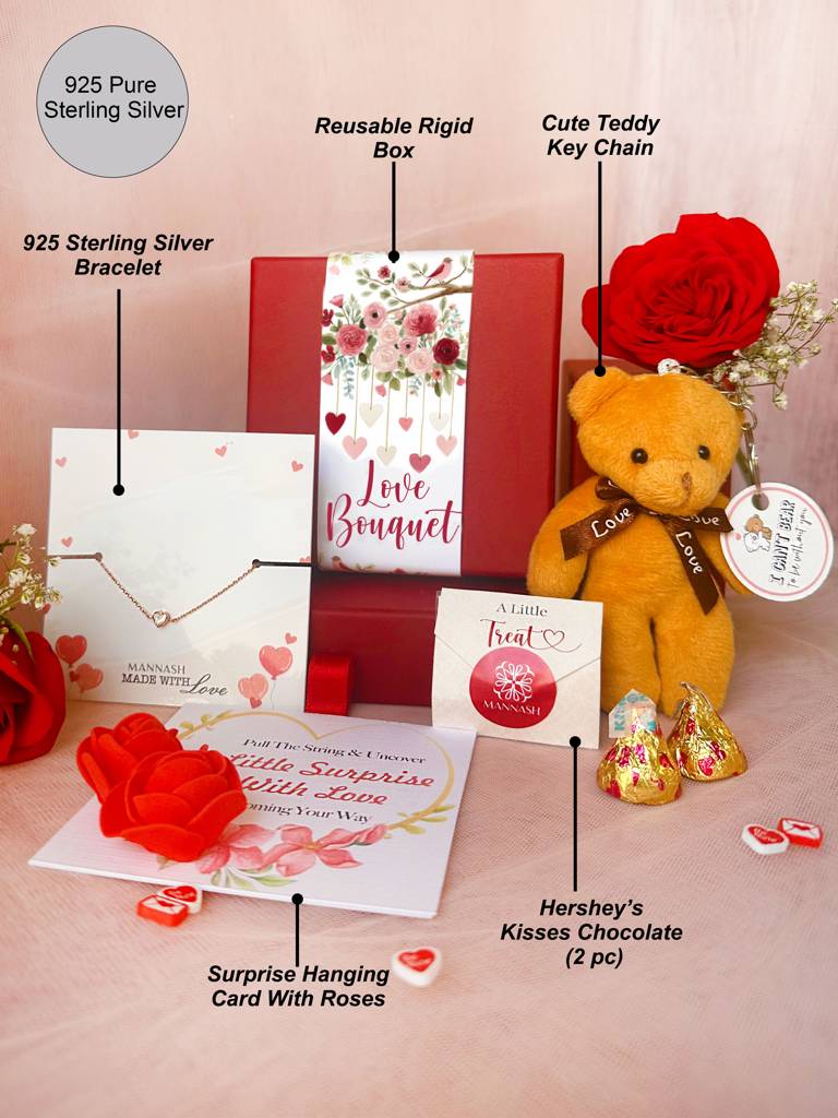 Mannash Romantic Love Bouquet Valentine Gift Box With Silver Bracelet : MZRVHB971D2399