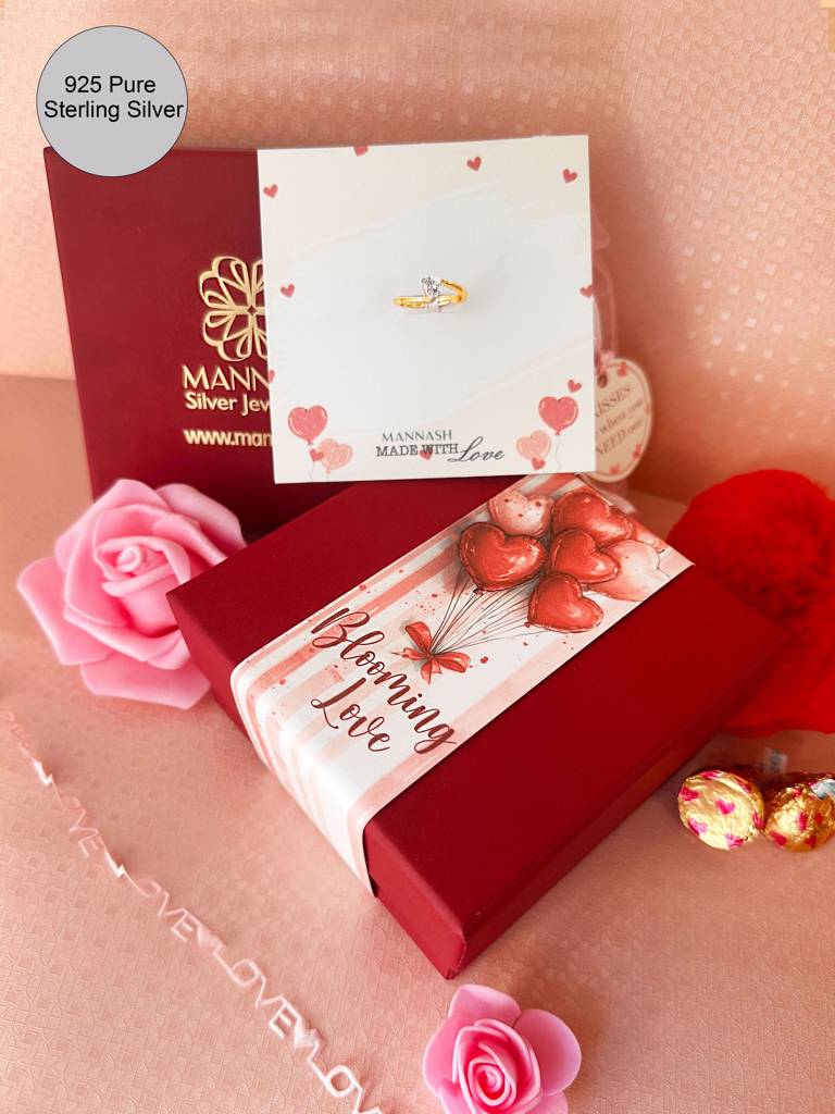 Mannash Blooming Love Valentine Gift Hamper Solitaire Heart Silver Ring : MZRVHR973D2401