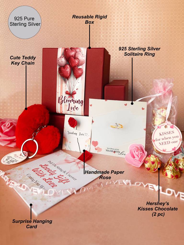 Mannash Blooming Love Valentine Gift Hamper Solitaire Heart Silver Ring : MZRVHR973D2401